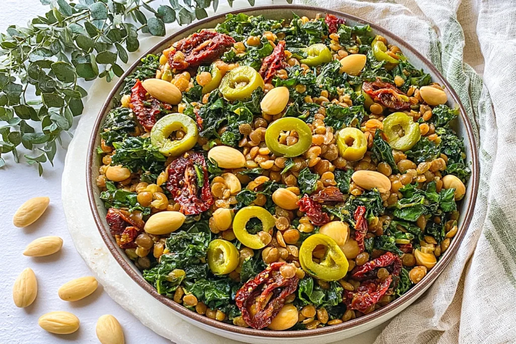 Lemon Pesto Lentil Salad with kale, green olives, sun-dried tomatoes, and almonds in a rustic bowl