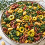 Lemon Pesto Lentil Salad with kale, green olives, sun-dried tomatoes, and almonds in a rustic bowl