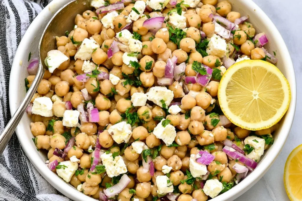 Close-up of Lemony Chickpea Feta Salad with chickpeas, crumbled feta, red onion, parsley, and fresh lemon in a serving bowl