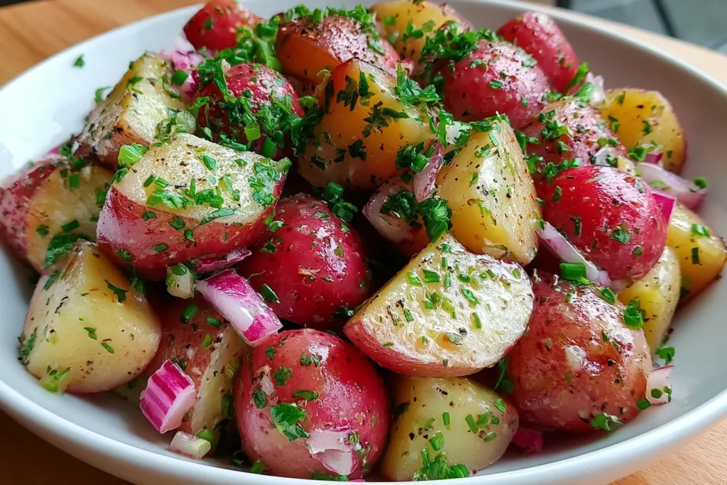 Salt and Vinegar Potato Salad with red potatoes, fresh dill, chives, and red onion in a tangy vinaigrette