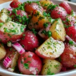 Salt and Vinegar Potato Salad with red potatoes, fresh dill, chives, and red onion in a tangy vinaigrette