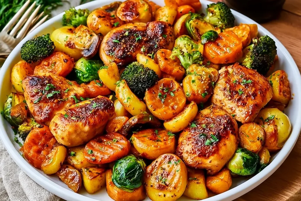 Autumn Chicken Dinner with Roasted Vegetables featuring golden chicken thighs, Brussels sprouts, carrots, broccoli, and roasted potatoes.
