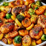 Autumn Chicken Dinner with Roasted Vegetables featuring golden chicken thighs, Brussels sprouts, carrots, broccoli, and roasted potatoes.