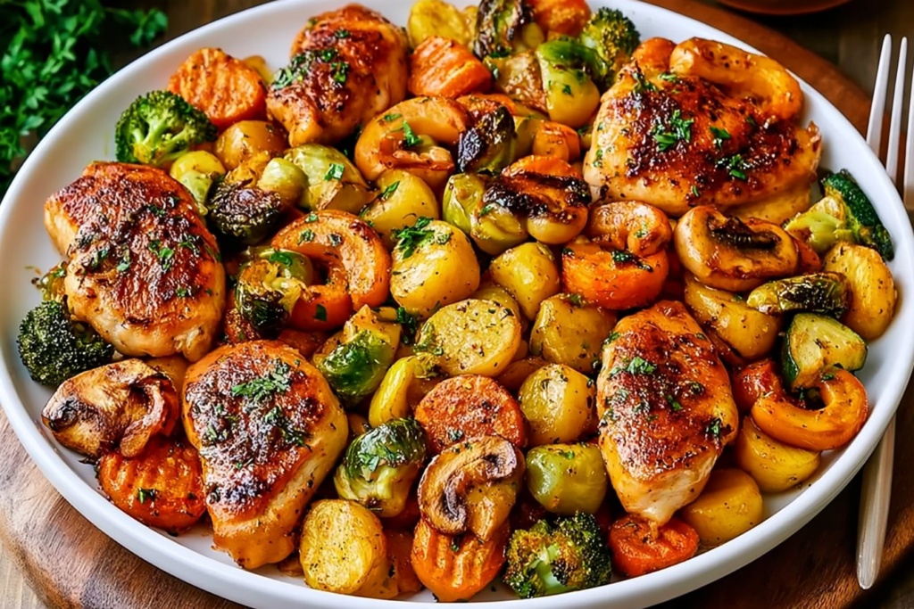 Autumn Chicken Dinner with Roasted Vegetables featuring golden chicken thighs, Brussels sprouts, potatoes, carrots, broccoli, and mushrooms.