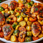 Autumn Chicken Dinner with Roasted Vegetables featuring golden chicken thighs, Brussels sprouts, potatoes, carrots, broccoli, and mushrooms.