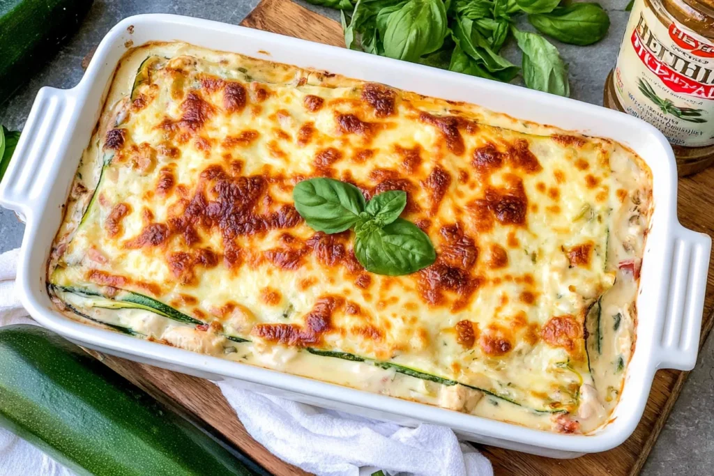 Chicken Alfredo Zucchini Lasagna baked with zucchini, creamy Alfredo sauce, chicken, ricotta, and golden melted mozzarella.