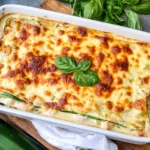 Chicken Alfredo Zucchini Lasagna baked with zucchini, creamy Alfredo sauce, chicken, ricotta, and golden melted mozzarella.