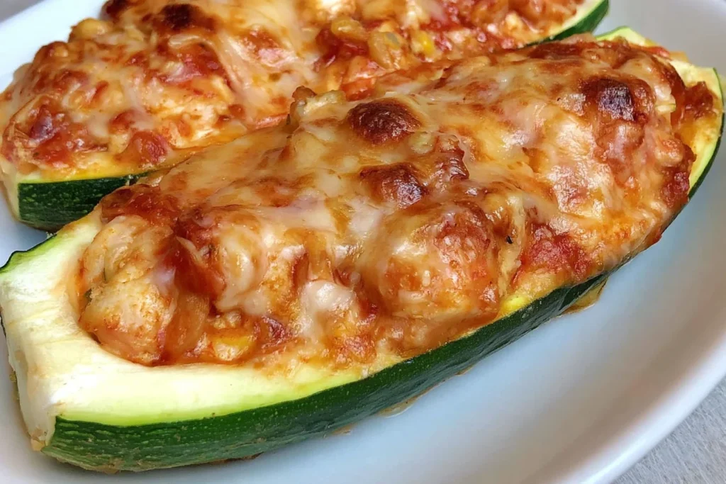 Chicken Parmesan Stuffed Zucchini Boats filled with chicken and marinara and topped with bubbly, golden melted cheese.