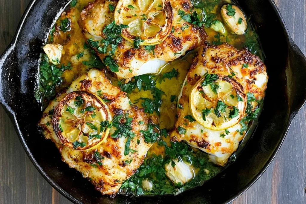 Baked Cod with Lemon and Garlic in a cast-iron skillet with golden lemon slices, roasted garlic, fresh parsley, and buttery sauce
