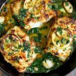 Baked Cod with Lemon and Garlic in a cast-iron skillet with golden lemon slices, roasted garlic, fresh parsley, and buttery sauce