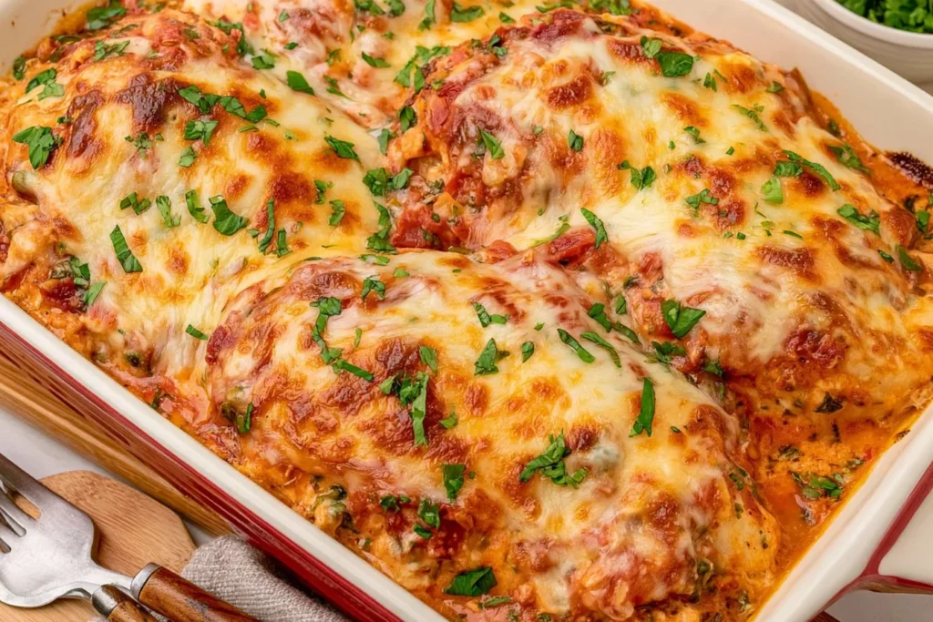 Baked Ricotta Chicken with marinara sauce, creamy ricotta, golden melted mozzarella, and fresh chopped herbs in a casserole dish