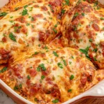 Baked Ricotta Chicken topped with marinara, golden melted mozzarella, Parmesan, and fresh chopped herbs in a baking dish