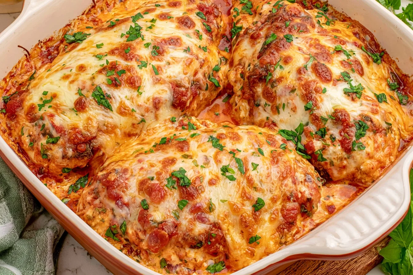 Baked Ricotta Chicken topped with marinara, golden melted mozzarella, Parmesan, and fresh chopped herbs in a baking dish