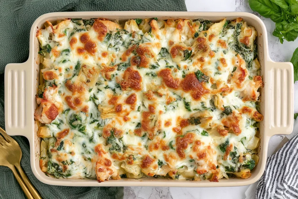 Spinach Artichoke Chicken Casserole baked with tender chicken, spinach, artichoke hearts, and golden melted mozzarella cheese.