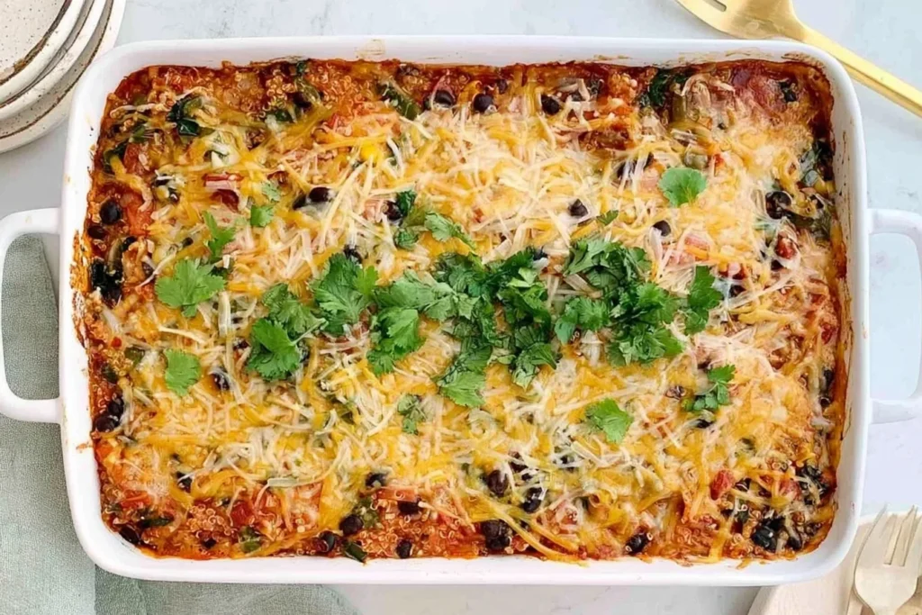 : Vegetarian Black Bean Quinoa Casserole baked with black beans, quinoa, tomatoes, melted cheese, and fresh cilantro in a white baking dish.