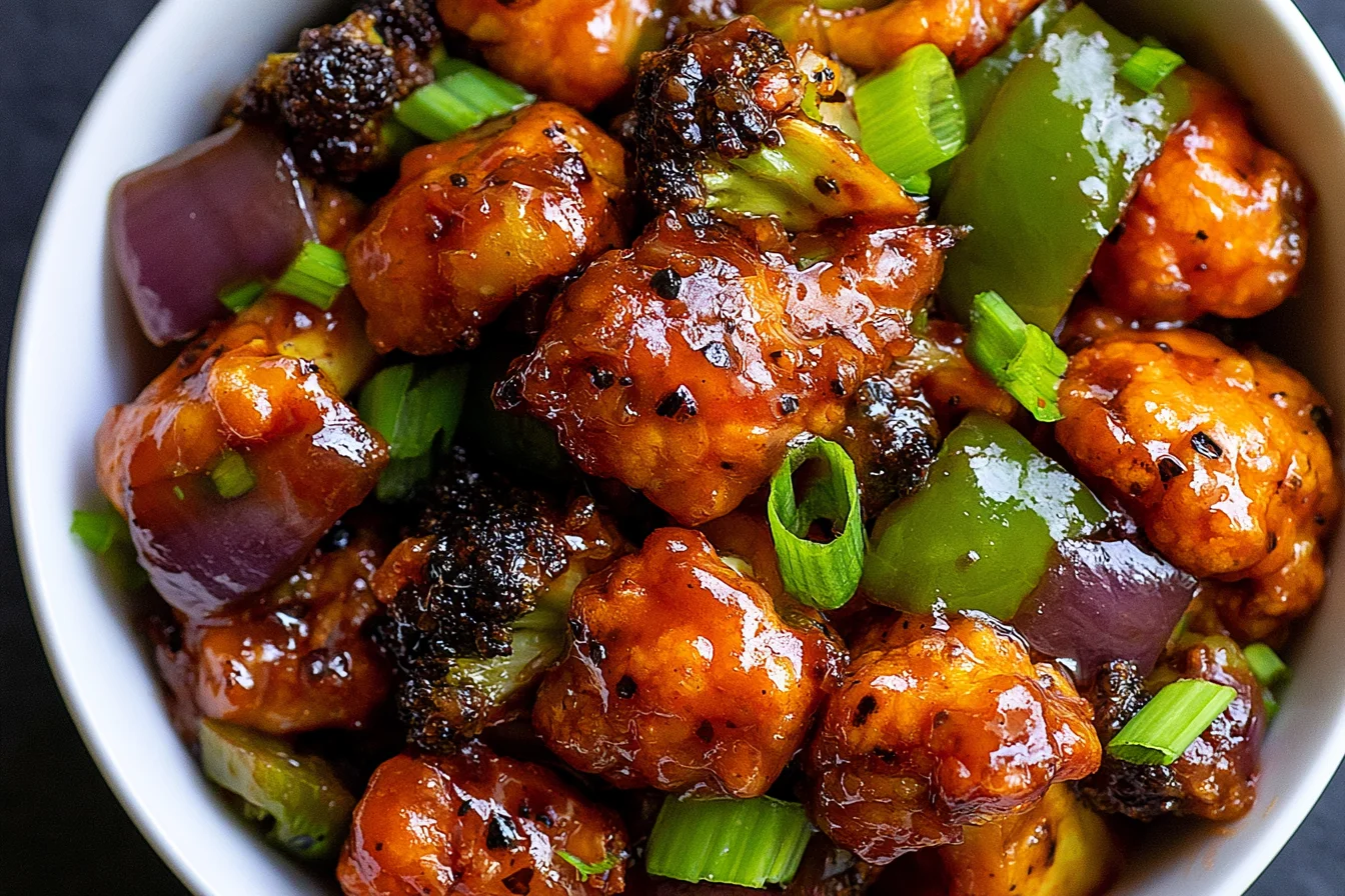 Black Pepper Cauliflower coated in a glossy pepper sauce with colorful vegetables and fresh green onions.