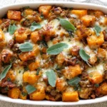 Butternut Squash Casserole with roasted squash, Italian sausage, melted Gruyère cheese, and fresh sage.