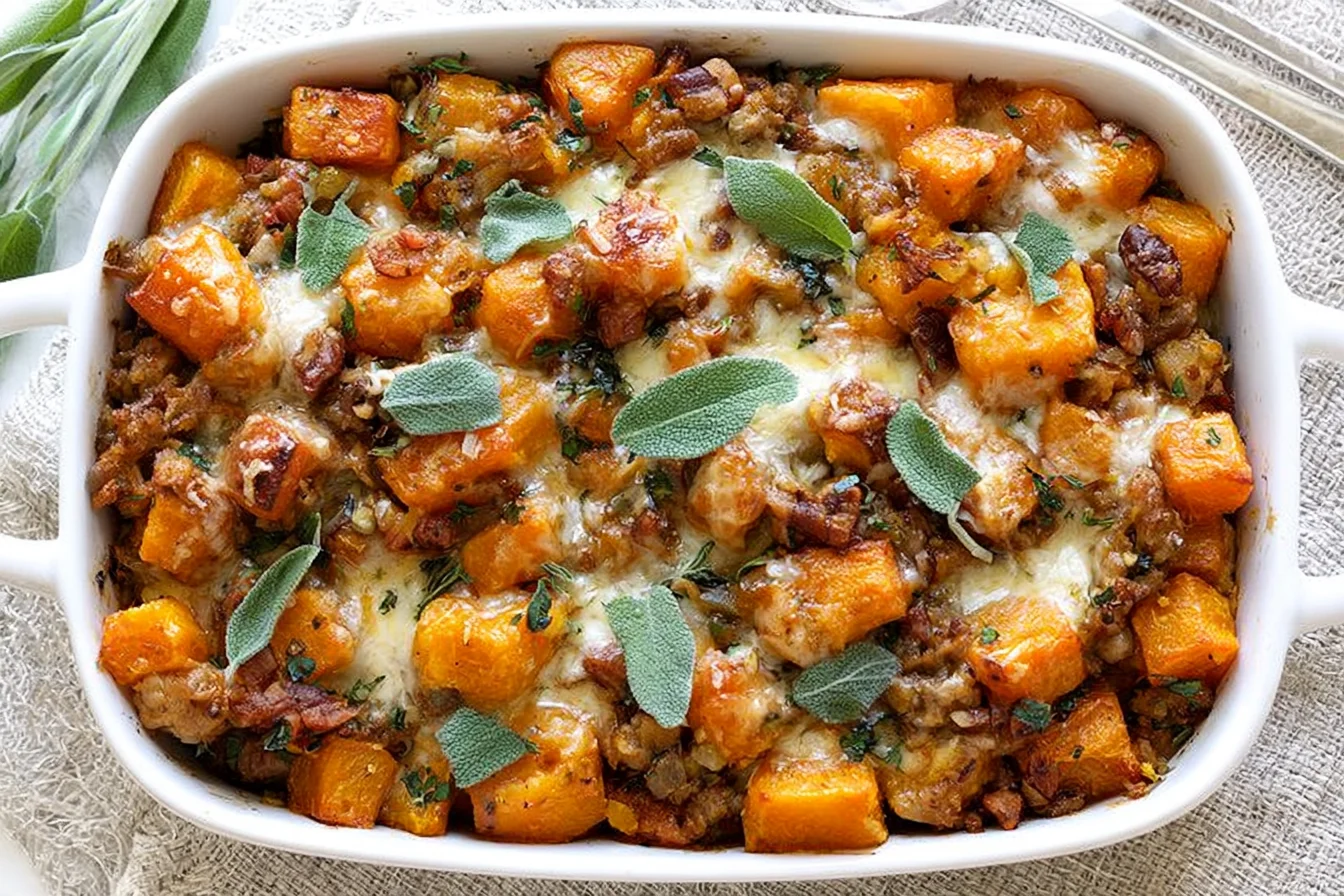 Butternut Squash Casserole with roasted squash, Italian sausage, melted Gruyère cheese, and fresh sage.