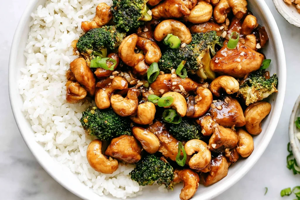 Cashew Chicken with broccoli, crunchy cashews, green onions, and white rice in a bowl