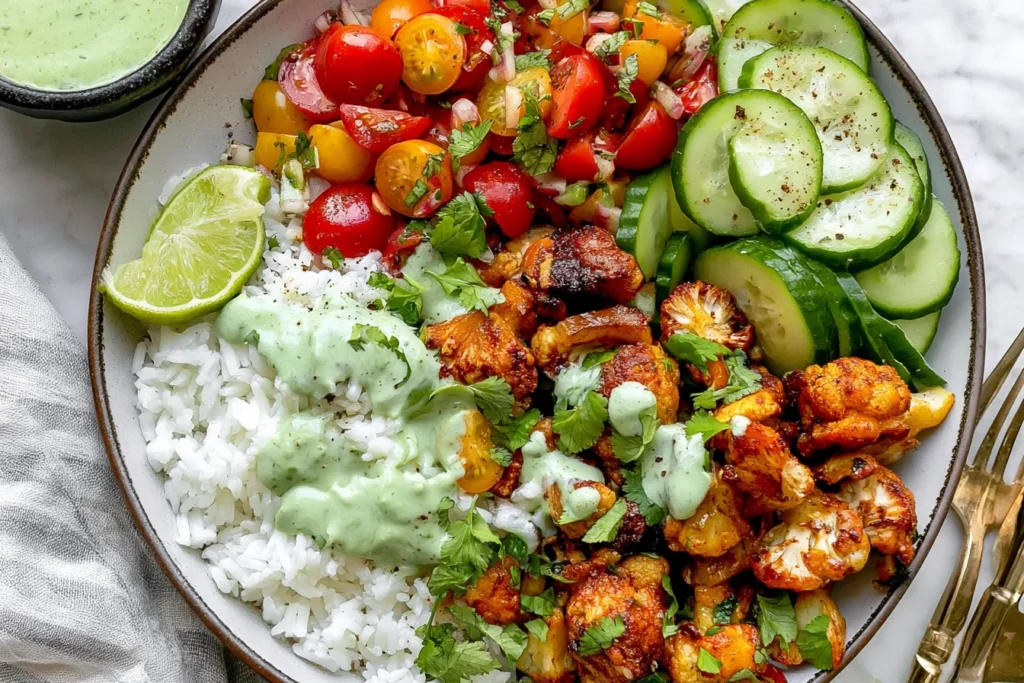 Cauliflower Shawarma Bowls with roasted cauliflower, basmati rice, cucumber, tomatoes, fresh herbs, and creamy green tahini sauce