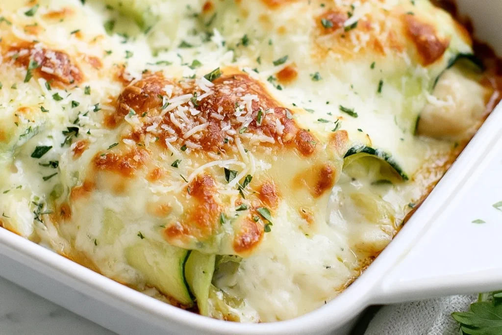 Zucchini Chicken Alfredo Roll Ups baked with creamy Alfredo sauce, golden mozzarella, Parmesan, and fresh parsley.
