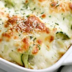Zucchini Chicken Alfredo Roll Ups baked with creamy Alfredo sauce, golden mozzarella, Parmesan, and fresh parsley.
