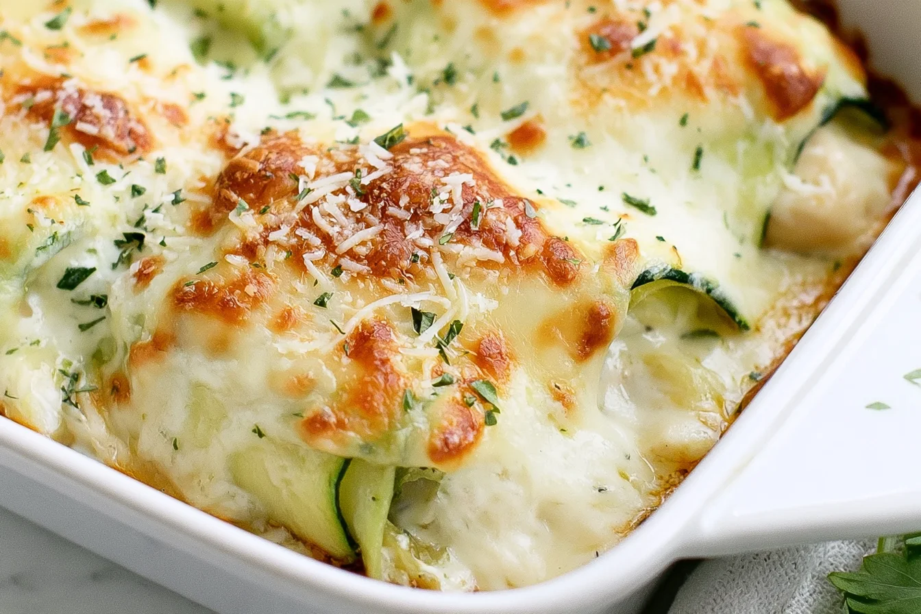Zucchini Chicken Alfredo Roll Ups baked with creamy Alfredo sauce, golden mozzarella, Parmesan, and fresh parsley.