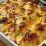 Chicken Bubble Biscuit Bake Casserole with golden biscuits, melted cheddar cheese, chicken, and herbs in a white baking dish.
