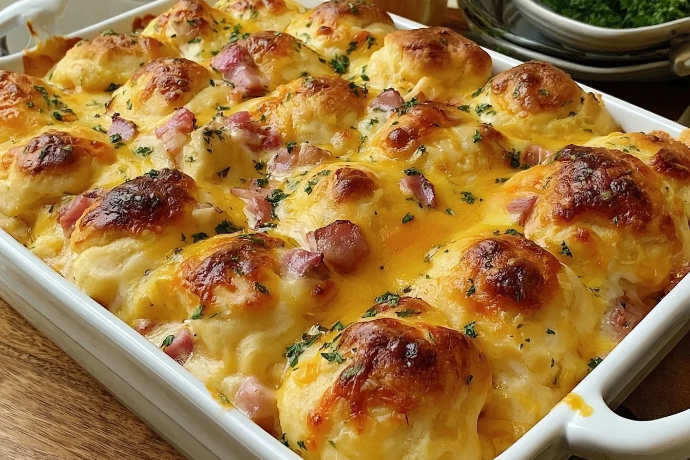 Chicken Bubble Biscuit Bake Casserole with golden biscuits, melted cheddar cheese, chicken, and herbs in a white baking dish.