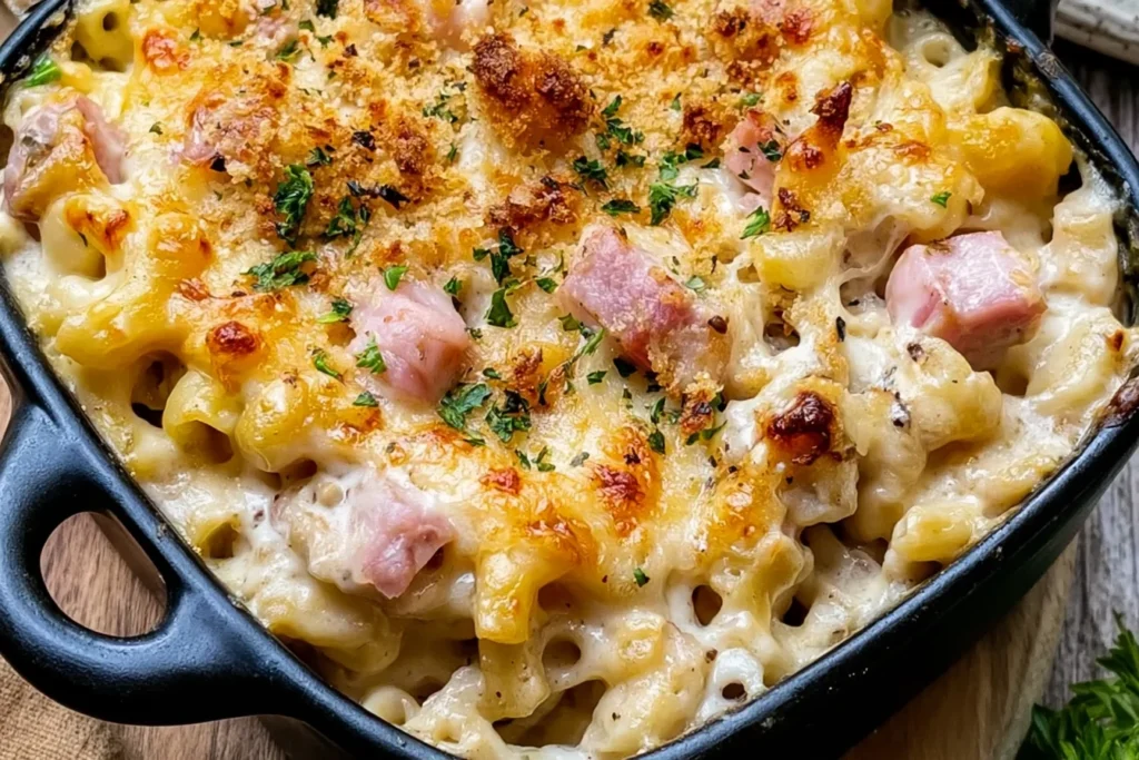 Chicken Cordon Bleu Casserole with creamy pasta, melted Swiss cheese, chicken, and crispy golden panko topping