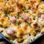 Chicken Cordon Bleu Casserole with creamy pasta, melted Swiss cheese, chicken, and crispy golden panko topping