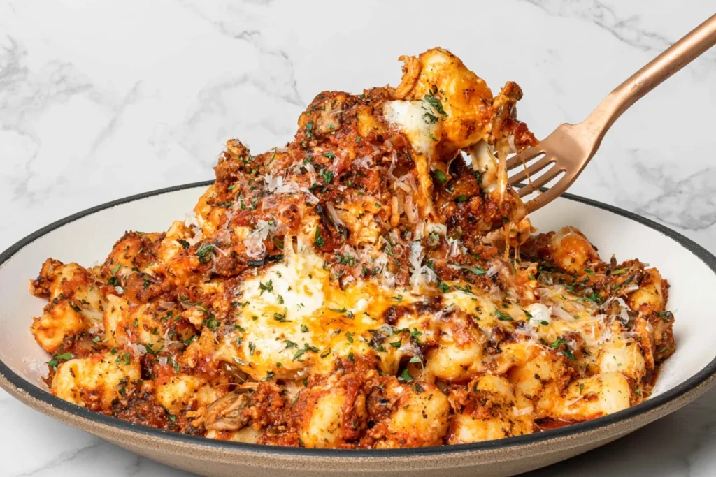 Chicken Parmesan Gnocchi with tender gnocchi, shredded chicken, tomato sauce, melted mozzarella, Parmesan, and fresh herbs in a skillet.