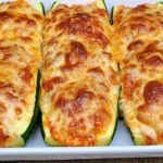 Chicken Parmesan Stuffed Zucchini Boats topped with golden melted mozzarella and Parmesan cheese in a white baking dish.