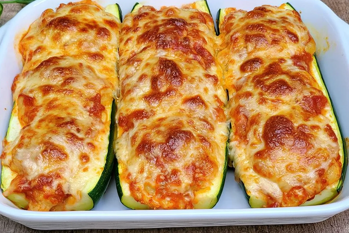 Chicken Parmesan Stuffed Zucchini Boats topped with golden melted mozzarella and Parmesan cheese in a white baking dish.
