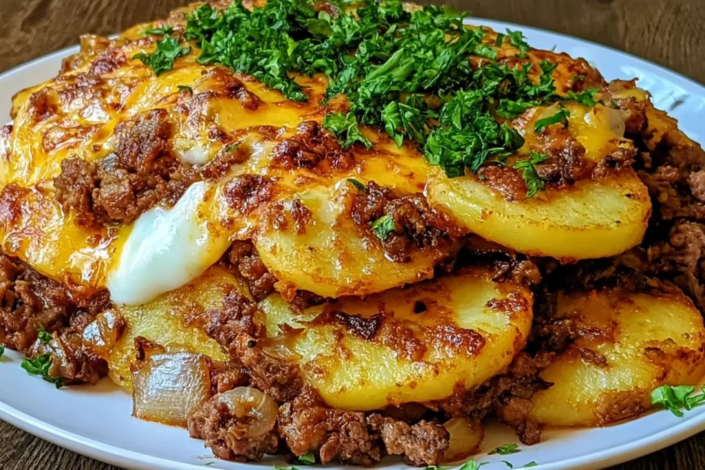 Loaded Beef and Potato Bake with golden sliced potatoes, seasoned ground beef, melted cheddar cheese, onions, and fresh parsley.