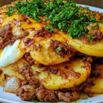 Loaded Beef and Potato Bake with golden sliced potatoes, seasoned ground beef, melted cheddar cheese, onions, and fresh parsley.