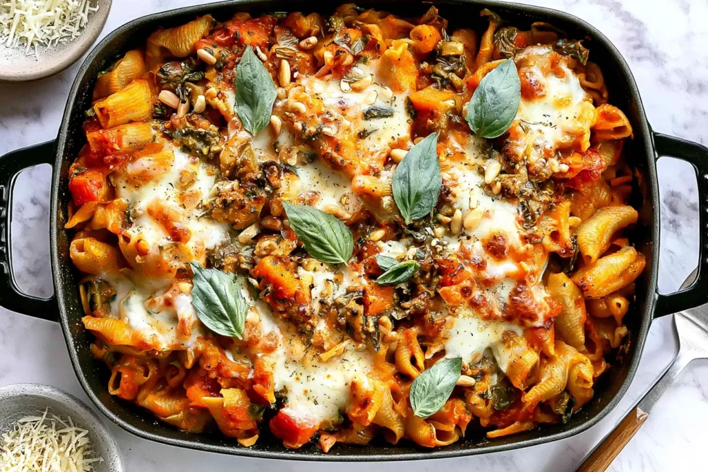 Pasta Bake with Pumpkin Tomato Sauce with shell pasta, melted cheese, vegetables, toasted nuts, and fresh herbs in a baking dish.