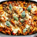 Pasta Bake with Pumpkin Tomato Sauce with shell pasta, melted cheese, vegetables, toasted nuts, and fresh herbs in a baking dish.