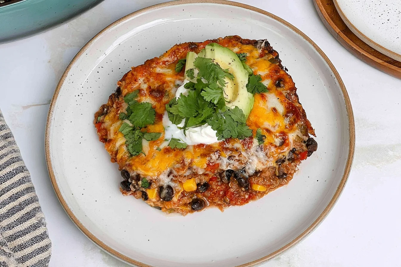 Vegetarian Black Bean Quinoa Casserole topped with melted cheese, avocado, fresh cilantro, and creamy sour cream.