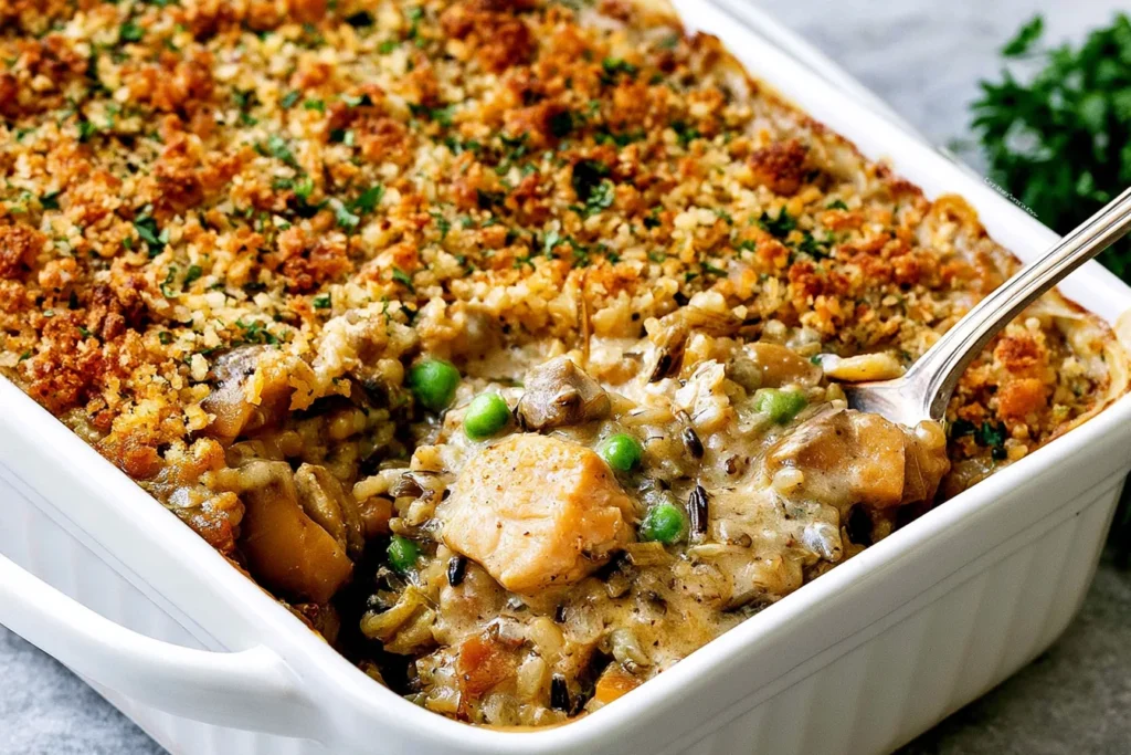 Chicken Wild Rice Casserole with tender chicken, wild rice, mushrooms, vegetables, creamy sauce, and a golden breadcrumb topping.