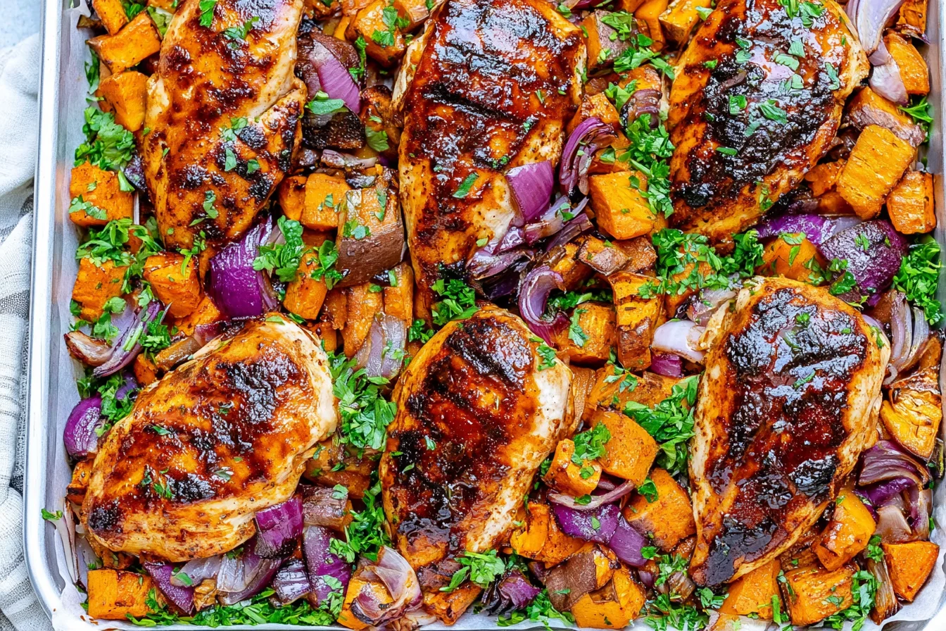 Chili Brown Sugar Chicken and Sweet Potatoes with caramelized chicken breasts, roasted sweet potatoes, red onion, and fresh herbs.