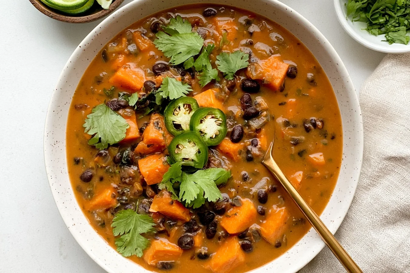 Chipotle Black Bean & Sweet Potato Soup with tender sweet potato, black beans, fresh cilantro, and sliced jalapeño.