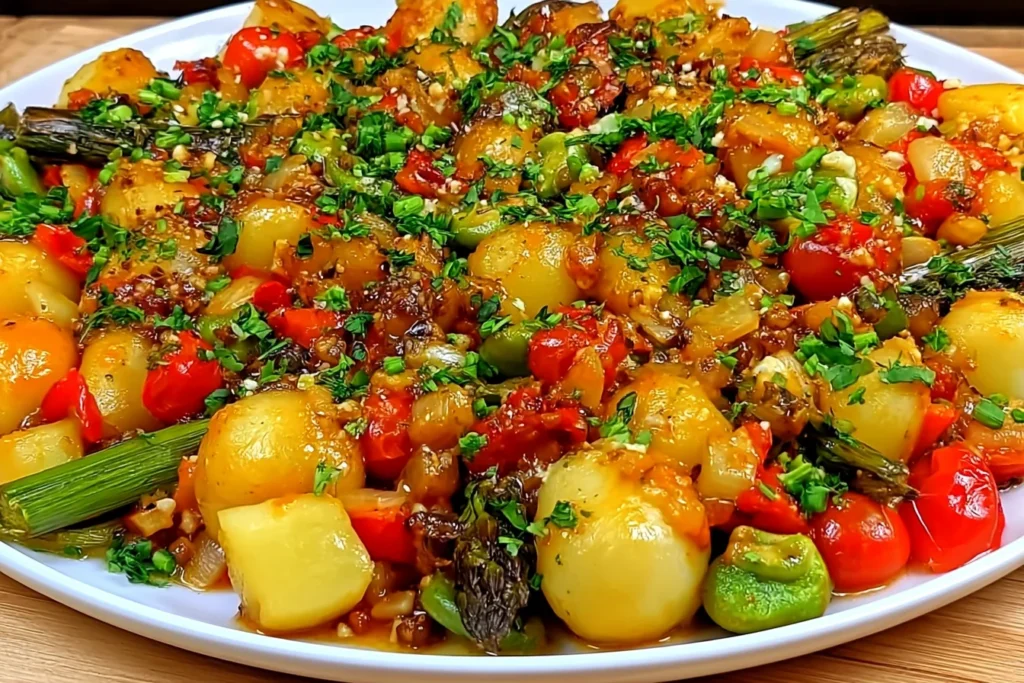 Sheet Pan Roast with Creamy Garlic & Feta Sauce with roasted potatoes, colorful vegetables, chickpeas, and fresh parsley