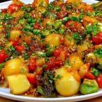 Sheet Pan Roast with Creamy Garlic & Feta Sauce with roasted potatoes, colorful vegetables, chickpeas, and fresh parsley