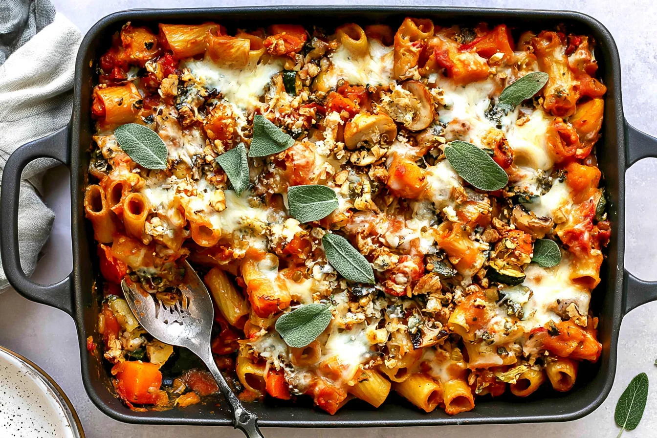 Pasta Bake with Pumpkin Tomato Sauce topped with melted cheese, mushrooms, walnuts, and fresh sage in a baking dish.