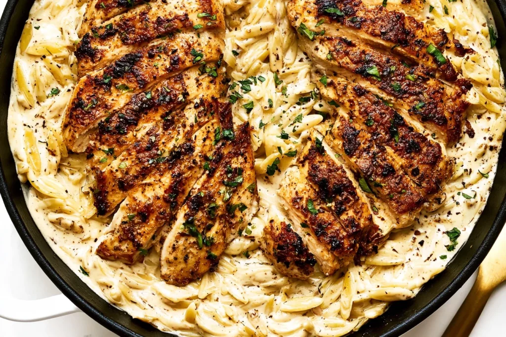 Creamy Cajun Chicken Orzo with sliced golden Cajun chicken over creamy Parmesan orzo, finished with fresh herbs.