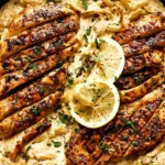 Creamy Cajun Chicken Orzo with sliced Cajun chicken, creamy Parmesan orzo, fresh herbs, and lemon in a skillet.