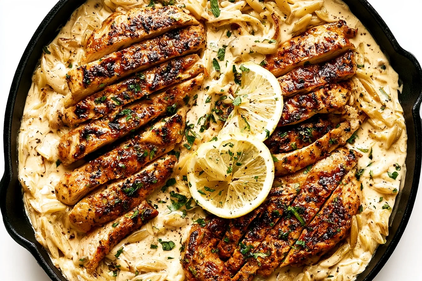 Creamy Cajun Chicken Orzo with sliced Cajun chicken, creamy Parmesan orzo, fresh herbs, and lemon in a skillet.