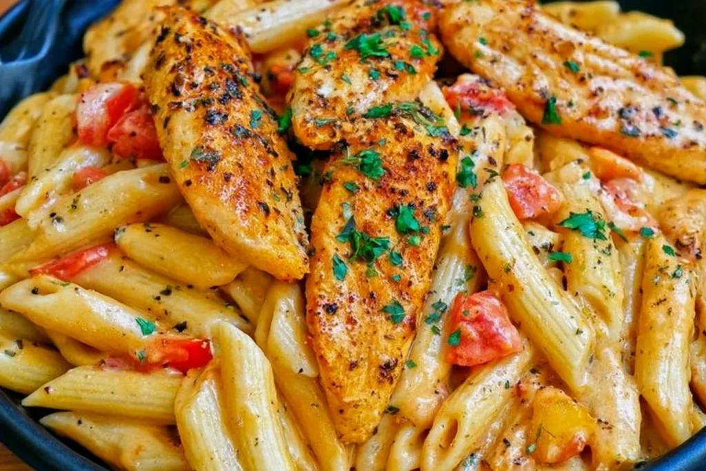 Creamy Cajun Chicken Pasta with golden Cajun chicken, penne, red peppers, creamy Parmesan sauce, and fresh parsley.