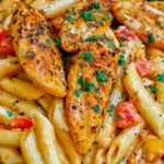 Creamy Cajun Chicken Pasta with golden Cajun chicken, penne, red peppers, creamy Parmesan sauce, and fresh parsley.